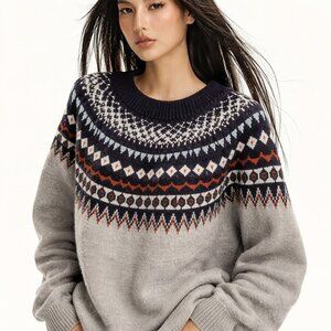 Cozy oversized Fair Isle inspired sweater, tagged as XL, suitable for M or L